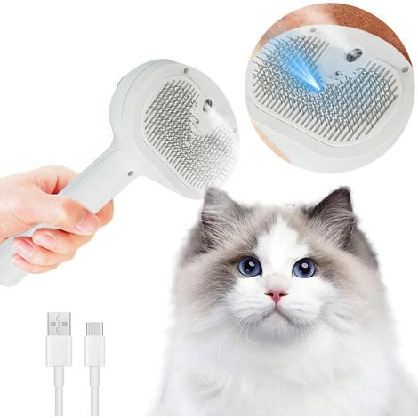 Cepillo de vapor 3 en 1 para perros y gatos, peine de masaje con pulverizador para gatos con depósito de agua, cepillo de aseo para mascotas para eliminar el pelo enredado y suelto con botón (blanco) (1/5)