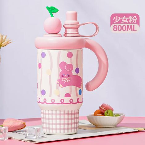 (Rose, 800 ml) Mug isotherme en acier inoxydable 316 avec paille et poignée, étanche, convient pour les voyages en voiture et l'utilisation au bureau. (1/5)