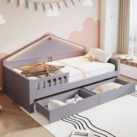 Cama individual 90x200 cm gris en madera maciza y MDF con LED y 2 cajones (1/5)