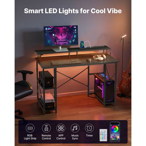 Bureau d'ordinateur 120x50x86,5 cm avec éclairage LED intelligent et prises de courant, table de bureau informatique avec support d… (1/5)