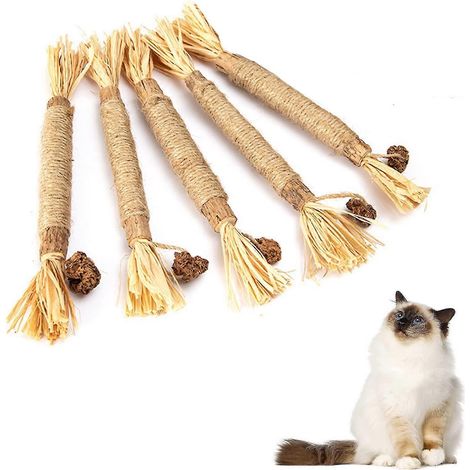 Bâton en bois de tilleul 15cm pour chat, jouet d'occupation autonome, résistant à la morsure, en raphia, griffoir et divertissement félin. (1/5)