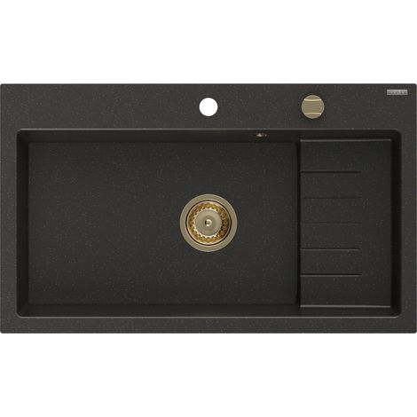 Mexen Omar évier en granit 1-bac 800 x 480 mm, noir/doré métallisé, siphon doré - 6520801005-75-G (1/5)
