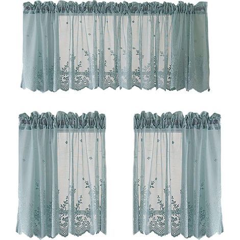 Demi-Rideaux Courts, Dentelle Petite fenêtre Rideaux Voile Cuisine Café Demi-Rideaux Valance pour café Cuisine Salle de Bains fenêtre Rideau(Bleu Set) (1/5)
