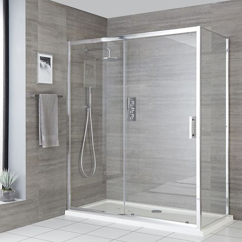 Milano Portland Chrome Corner Wet Room Walk In Sliding Door Shower Enclosure and White Tray with Fast Flow Waste - 1000mm x 700mm (1/5)