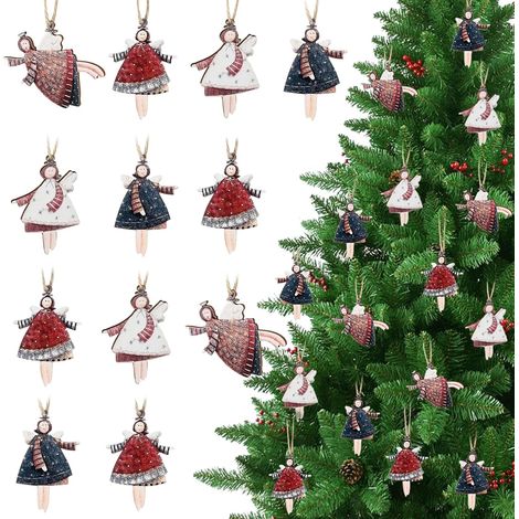 24 decorazioni natalizie in legno per albero, angioletti da appendere con cordino per decorazioni natalizie, etichette regalo, decorazioni per finestre (1/5)
