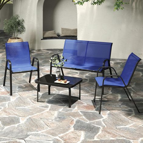 GOPLUS Salon de Jardin 4 Personnes Exterieur, 4 Pcs Canapé Exterieur avec Table Basse en Verre Trempée, 2 Fauteuils, Ensemble de Bistrot pour Terrasse,Balcon (Bleu) (1/5)