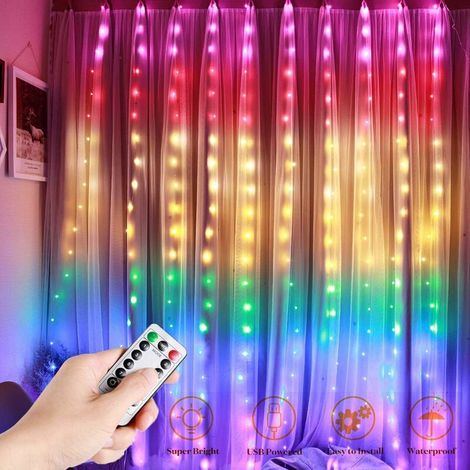 2Mx1.5M 210LEDs LED Fairy Curtain Lights, USB String Light Curtain Chain Decorative with 8 Modes Remote and Timer Control IP44 Waterproof for Wedding Party Christmas Bedroom (Multicolor) (1/5)