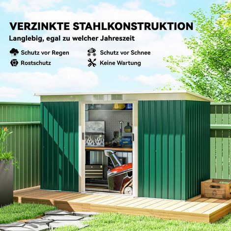 Abri extérieur en acier 6,3 m³ 280 x 130 x 172 cm, toit incliné, porte glissante, résistant aux conditions climatiques, parfait pour espace vert ou patio, teinte gris anthracite ou vert sombre. (1/4)
