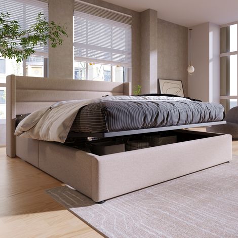 Letto matrimoniale 160x200 cm – Letto contenitore – Testiera imbottita a 3 pannelli – Rete a doghe – Beige (1/5)