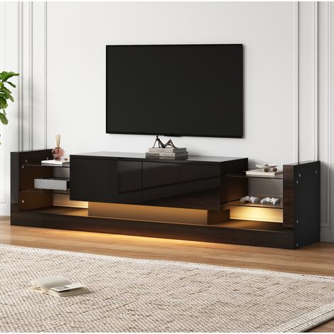 Mueble TV 181x38x38 cm en paneles de madera negro, con almacenamiento, salón moderno FloraGrace (1/5)