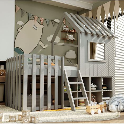 cama infantil casa con almacenaje madera maciza 90x200 gris OKMYHOME (1/5)