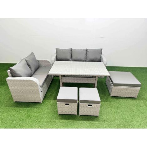 Fimous 8 Seater PE Rattan Wicker Garden Furniture Patio Conservatory Sofa Set with Rectangular Dining Table 3 Seater Sofa Love Sofa 3 Stool (1/4)
