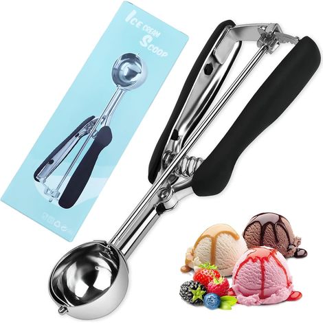 Ice Cream Scoop, 4cm Black Stainless Steel Ice Cream Scoop, with Trigger and Comfortable Handle, Ice Cream Scoop, for Ice Cream, Fruit, Cookie Dough, Melon (1/5)