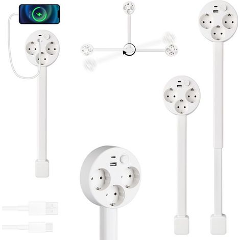 Multiprise avec 3 Prises, USB-C et USB-A, 47-67 cm Câble Extensible, Multiprises avec Interrupteur, Murale, pour Bureau, Bureau (1/5)