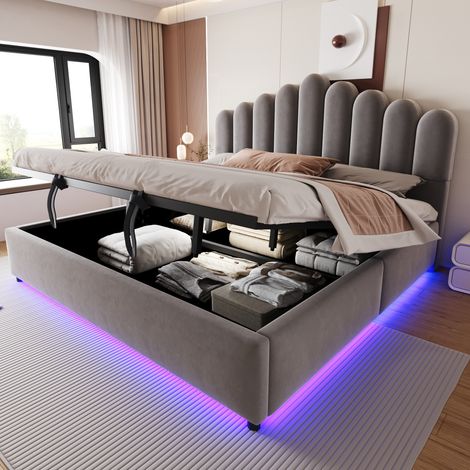 Lit rembourré 180 × 200 cm avec rangement hydraulique, bande lumineuse LED, tête de lit unique, volumineuse et confortable, sommier stable, tissu velours gris (1/5)