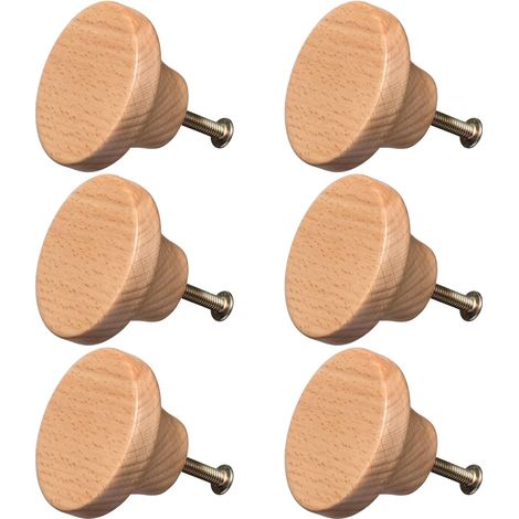 Boutons de Meuble Ronds en Bois 6Pcs - Poignées pour Tiroirs, Armoires, Commodes (Bois de Hêtre)