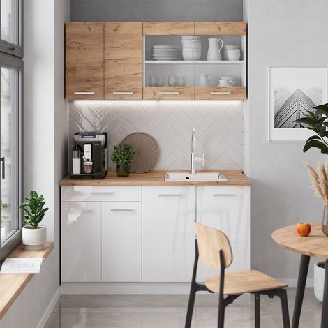 Cucina monoblocco R-Line, Rovere dorato/bianco, 140 cm mobili bicolore, PL Rovere, Vicco