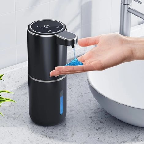 Distributeur automatique de savon liquide, 400 ml, montage mural, 4 niveaux réglables, chargement USB, avec détecteur de mouvement infrarouge, adapté à la salle de bain, à la cuisine, au bureau, noir (1/5)
