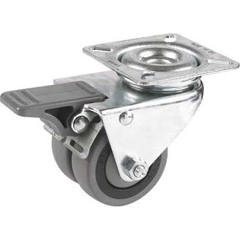Roulette JUMELÉE pivotante à frein diamètre 50 mm caoutchouc GRIS roulements à billes- 60 Kg (1/2)