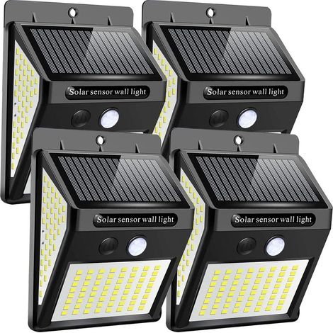 Lampe solaire,Lot de 4 144LED Lampe Solaire Exterieur Detecteur de Mouvement, 3000K Lumiere Solaire Exterieur 3 Modes 180°Eclairage Exterieur Solaire Etanche Spot Solaire Exterieur pour Jardin,Terrass (1/5)