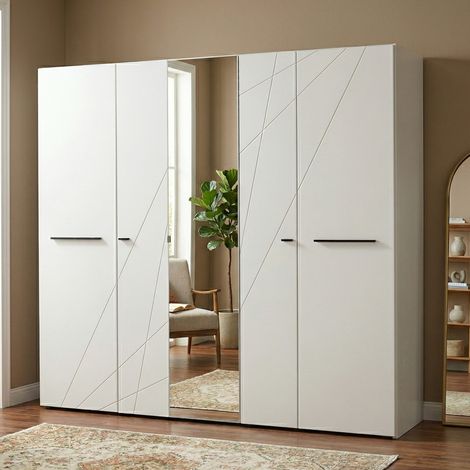 Gran Ropero Martano, Armario para Habitación con Perchero, 6 Estantes, 9 Espacios, 223.5x206h cm Blanco Mate (1/5)