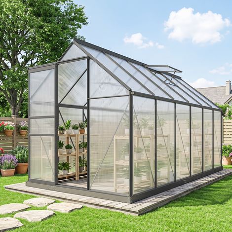 Serre de jardin en aluminium et polycarbonate avec fondation, équipée d'une fenêtre réglable et d'une porte coulissante, 190 x 375 x 199 cm (1/5)