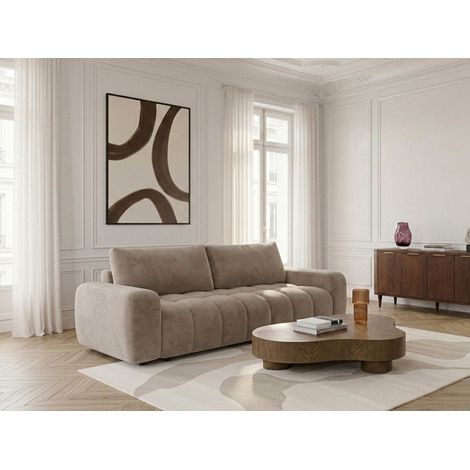 BOBOCHIC - Canapé droit convertible 3 places JULES tissu lisse Taupe (1/5)