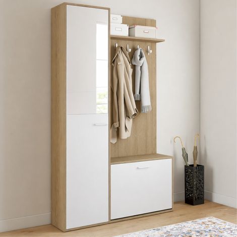 MAHAUT Armario zapatero de pasillo de 1 puerta efecto madera y blanco con espejo y estantes