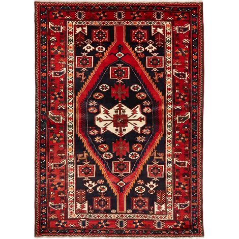 Tapis d'orient 152 x 216 cm, motif oriental, laine pure nouée à la main, rouge, beige et noir, authentique (1/5)