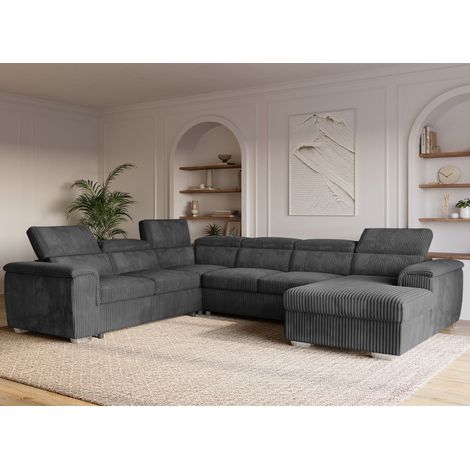 Deco In Paris – Canapé panoramique convertible 5 places – Coffre de rangement – Velours côtelé gris – Dimensions 315x251x81cm – Couchage 119x182cm (1/5)