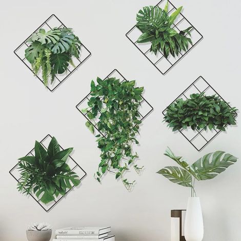 Set de 6 vinilos decorativos para pared con motivos de plantas verdes artificiales, plantas tropicales en 3D, vinilos con efecto de azulejos de cerámica modernos, murales para la decoración de interio (1/5)