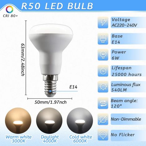 (R50 6W, Blanc froid 6000K) 10 ampoules LED E14, AC220V, adaptées aux suspensions, économes en énergie et respectueuses de l'environnement.