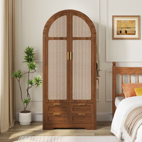 Armoire de Chambre Penderie Design avec Portes Cintrées et Rotin Garde-robe Moderne avec Tringle 4 Tiroirs pour Salon Entrée Chêne, Marron (1/5)