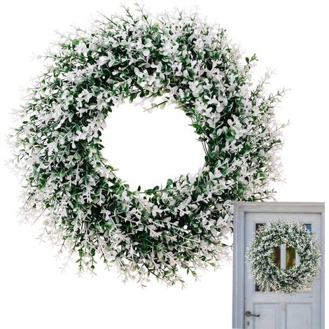 Couronne décorative en eucalyptus artificiel – printemps, feuilles vertes et fleurs blanches, guirlande extérieure pour porte, 40 cm