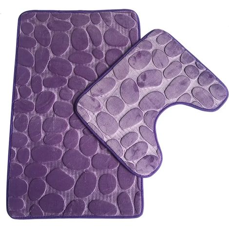 Set de 2 tapis de bain debout antidérapants, moquette salle de bain en mousse mémoire respirante, confortable et douce, absorbante, support stable pour toilettes, couleur violette (1/3)