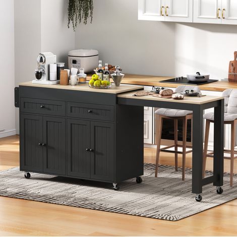 Isola cucina 112-180,5 x 45 x 92,2 cm in nero/naturale con piano estraibile e ruote (1/5)