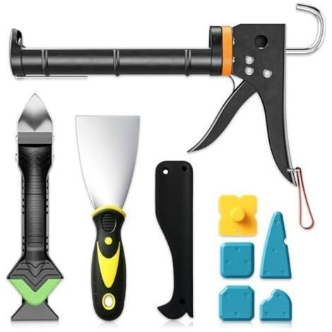 Ensemble de presse à cartouche, pistolet à cartouche de silicone et outil de retrait de mastic, grattoir à joints pour salle de bain, cuisine, sol, fenêtre, joints d'évier, cadres (1/5)