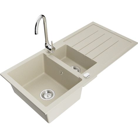 Mexen Andres évier en granit 1,5 bac avec égouttoir et robinet de cuisine Telma, beige - 6515-69-670200-00