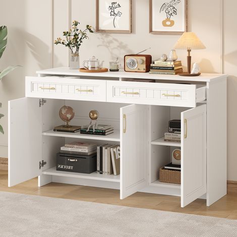 Buffet bas blanc 140 x 40 x 90 cm avec 2 tiroirs et 3 portes, étagères réglables, jusqu'à 30 kg, pour salon, salle à manger et entrée. (1/5)