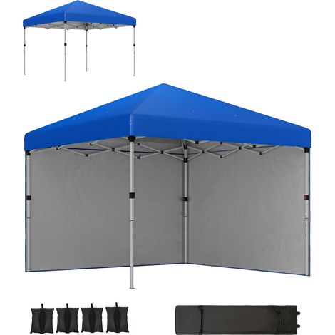 Tente pliante 3x3m avec 2 parois latérales anti-UV, hauteur réglable, sacs de lestage et sac de transport, bleue