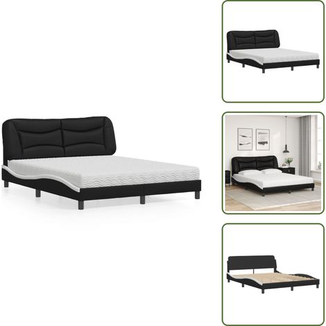 Lit avec matelas noir et blanc 160x200 cm similicuir - Lit Double - Lit Confortable - Lit Design - Literie - Sommier Tapissier (1/5)