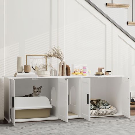 Meuble à litière pour chat, maison pour chat avec porte et cloison, pour grands chats, 145 x 49 x 51 cm, blanc (1/5)