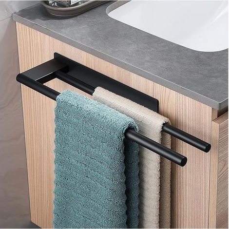 Barre de Serviettes Double en Acier Inoxydable, Porte-Serviettes Adhésif Sans Perçage pour Salle de Bain et Cuisine, Noir