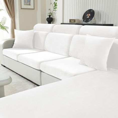 Velvet Sofa Cushion Cover, Universal Stretch Sofa Seat Cover, Furniture Protector, Non-Slip Sofa Cover (3 Seater, White) (1/5)
