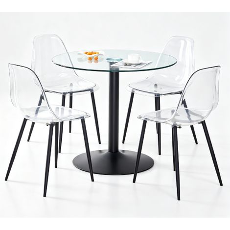 Set tavolo da pranzo rotondo in vetro temperato 85 cm con 4 sedie trasparenti (1/5)