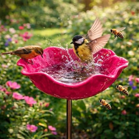 Décoration de jardin mangeoire à oiseaux fleur en métal – bain d’oiseaux décoratif sur piquet, accessoire extérieur pour nourrir les oiseaux et embellir jardin, terrasse et pelouse, Fuchsia (1/5)