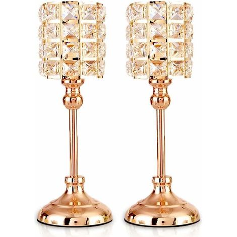 Bougeoirs en Cristal d'or 2 PCS Tea Light Cylindre en métal Chandelier Luxueux 29,5 CM de Hauteur Bougeoir Ornements pour centres de Table de Mariage de Salon de Noël (Moyen) (1/5)