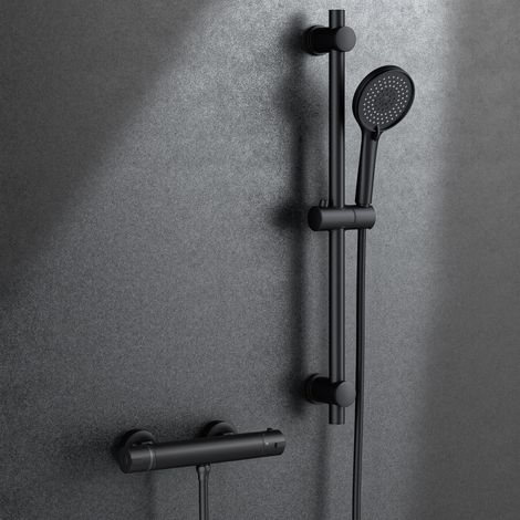 Mitigeur de Douche Noir avec Barre de Douche RéGlable 70CM,Pommeau de Douche Noir avec Douchette et Flexible de Douche 150CM (1/5)