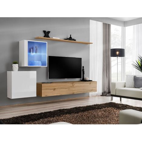 Ensemble mural - Switch XV - 2 vitrines - 1 banc TV - 2 étagères - Bois et blanc - Modèle 2 - Livraison gratuite