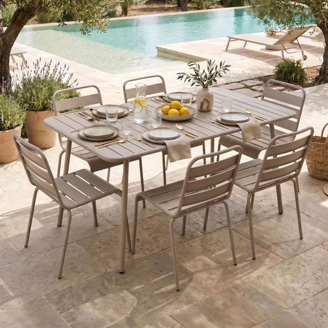 Ensemble table de jardin + 6 chaises en métal taupe - BACA (1/5)